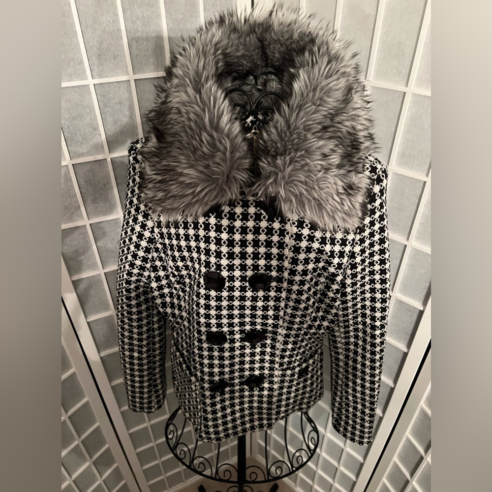Women’s GAUCHA Tweed Checkered Fur Collar Coat Jacket - Picture 3 of 16